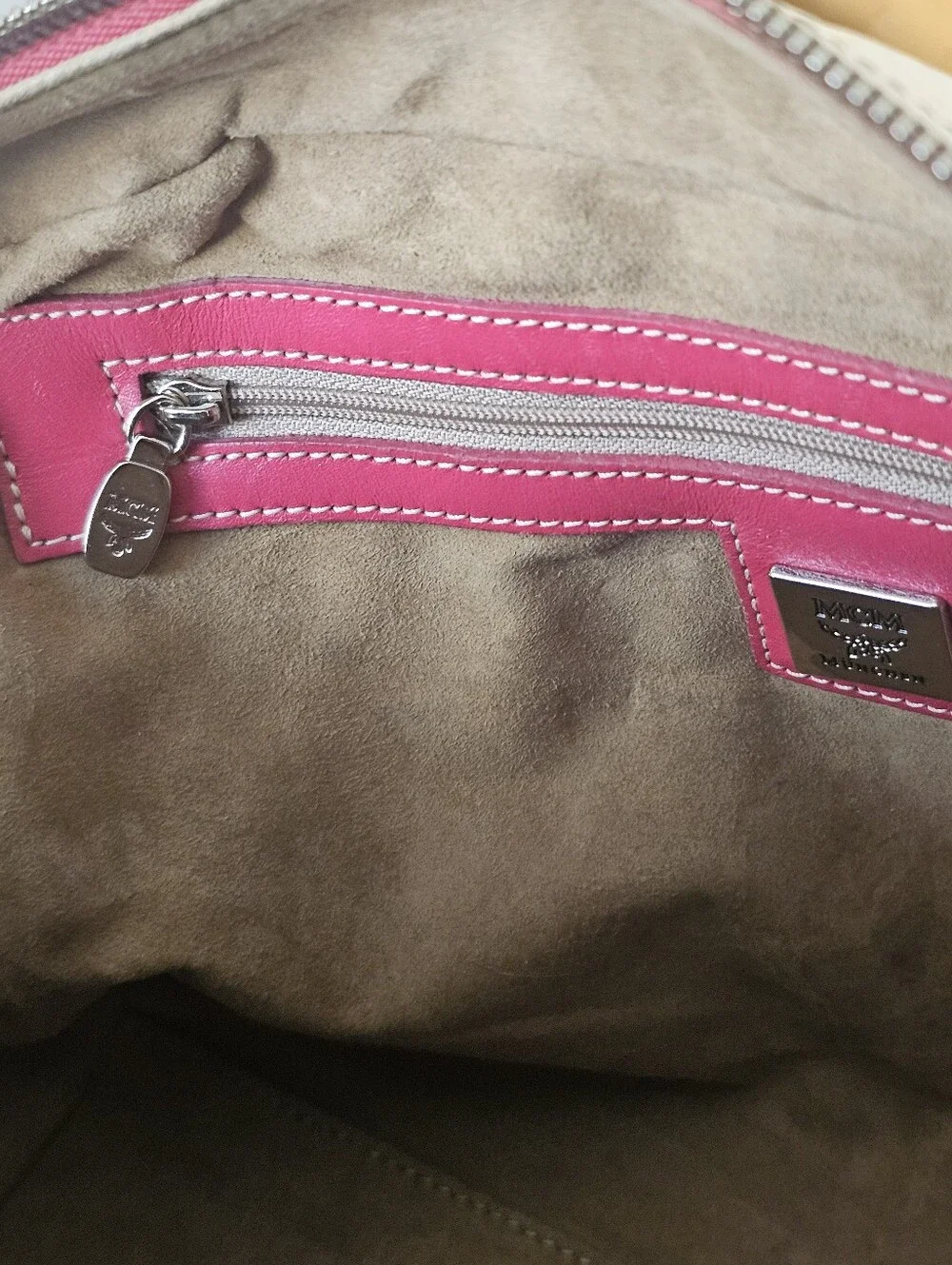 MCM Visetos Monogram Leather Pocket Boston Bag - Pink And White